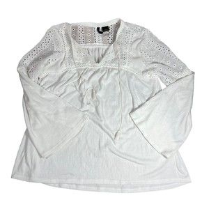 New Directions Curvy Womens Size L White Tunic V-Neck Lace Flared Sleeve Top